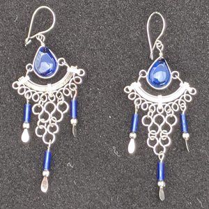 NEW Silver Tone Blue Glass Bead Dangle Earrings